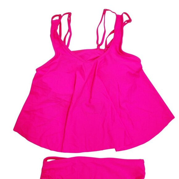 Pink High-Waisted Bikini Set Strappy Tankini Top  Ruched Bottoms Size M Swimsuit - Picture 2 of 5